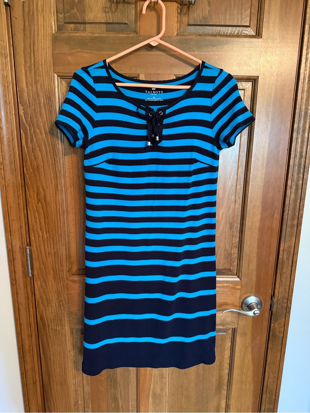 Talbots Blue Striped Lace-Up Short Sleeve Dress